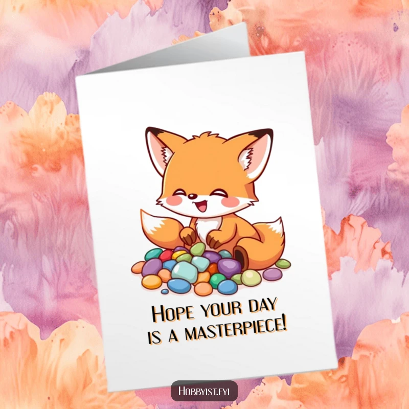 Funny Free Printable Birthday Card: Little fox excitedly arranging colorful pebbles into a beautiful mosaic, celebrating with artistic flair.