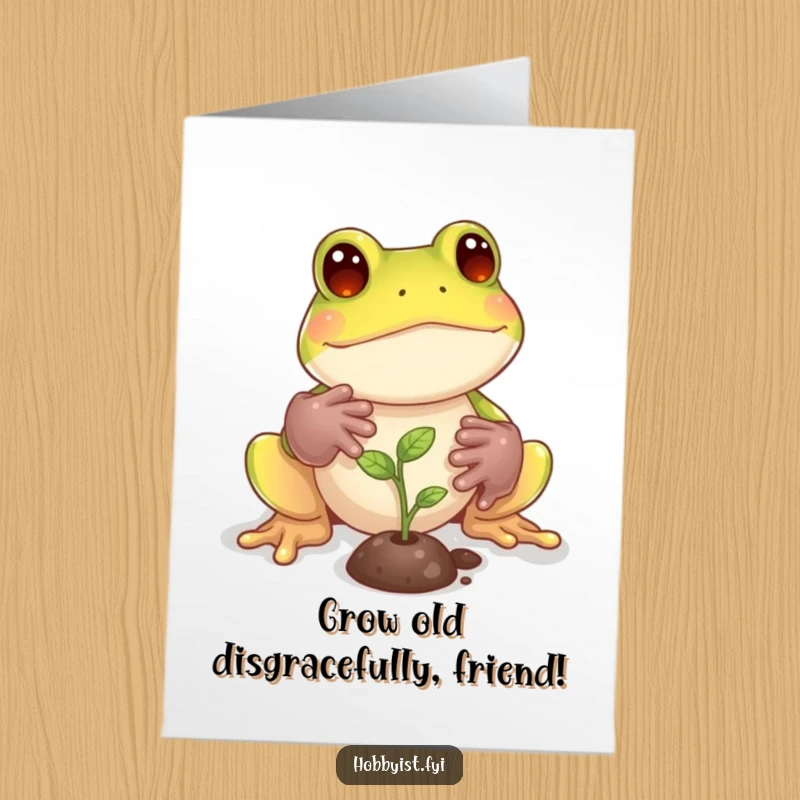 Funny Free Printable Birthday Card: Playful frog in tiny gardening gloves diligently tending to a miniature sprout, celebrating new beginnings.