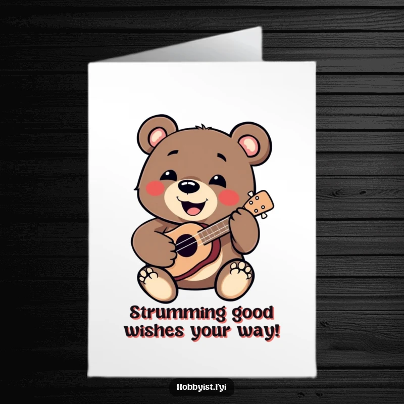 Funny Free Printable Birthday Card: Smiling bear playing a miniature ukulele with joyful abandon, ready to serenade with birthday tunes.