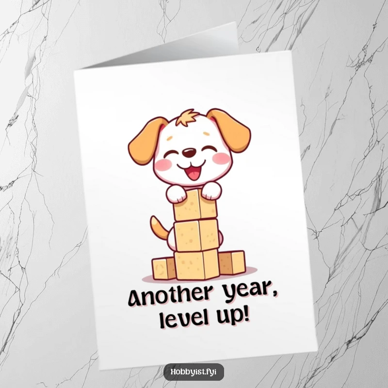Funny Free Printable Birthday Card showing a happy dog building a very wobbly tower of wooden blocks, ready to tumble.