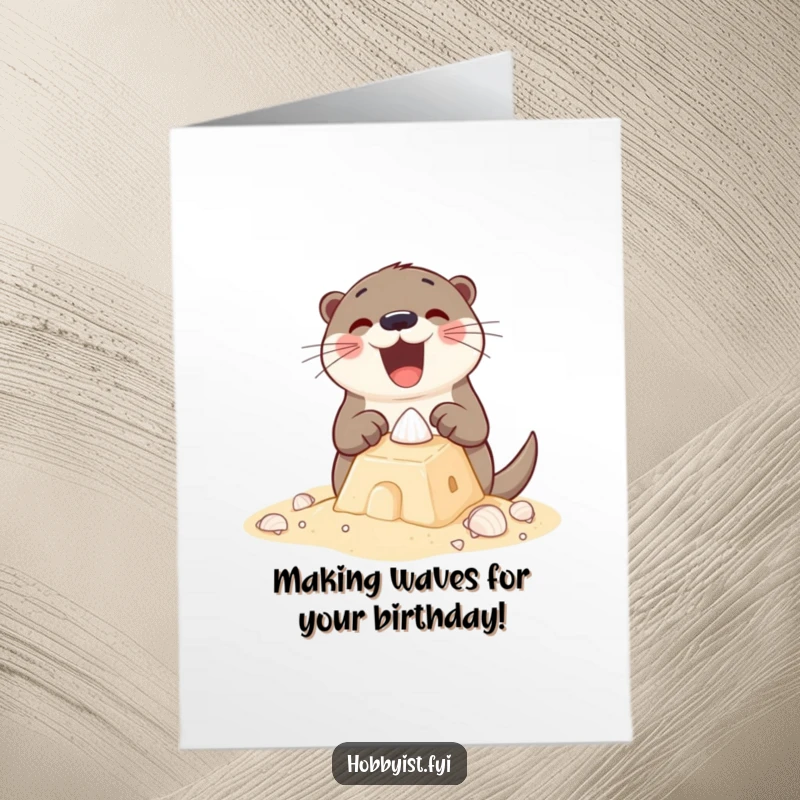 Funny Free Printable Birthday Card: An excited otter building a sandcastle with tiny shells, wearing swimming goggles.