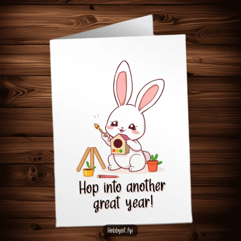 Funny Free Printable Birthday Card: Cute kawaii bunny character enthusiastically painting a vibrant, tiny birdhouse with great focus.