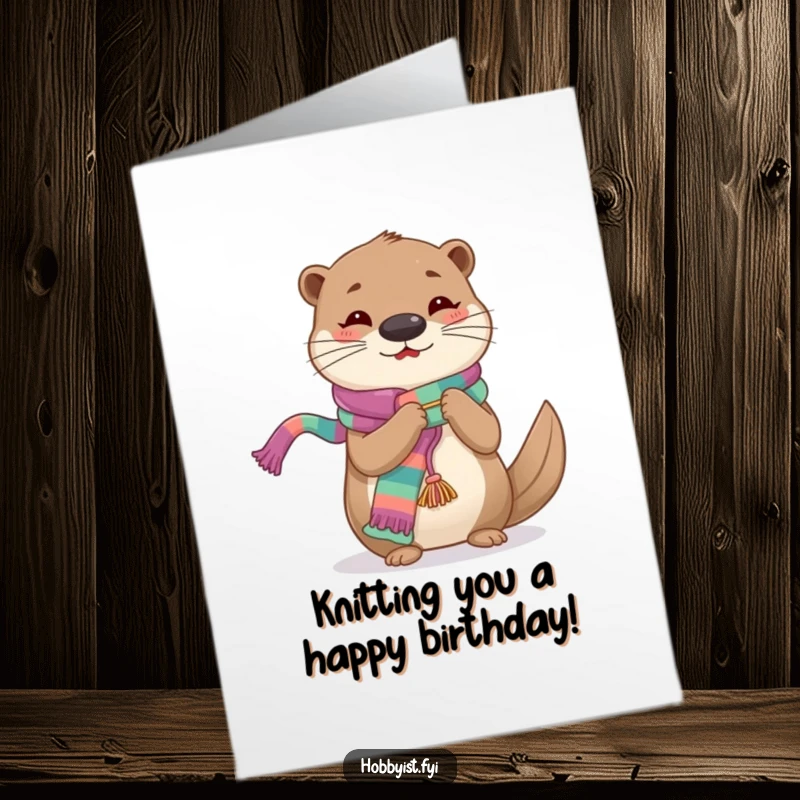 Funny Free Printable Birthday Card: A cheerful otter intently knits a long, vibrant, colorful scarf.