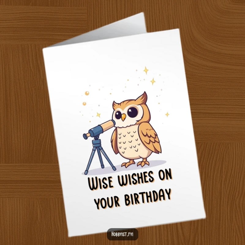 Funny Free Printable Birthday Card: Proud owl gazes at stars through a telescope, celebrating a birthday. Downloadable art.