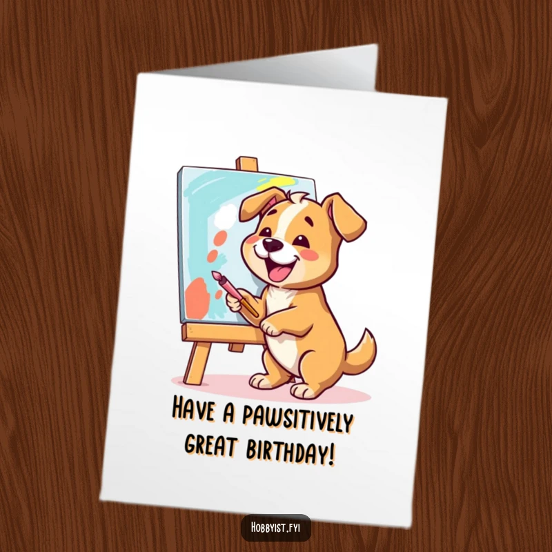 Funny Free Printable Birthday Card: A cheerful dog joyfully paints a vibrant canvas with enthusiastic broad strokes.