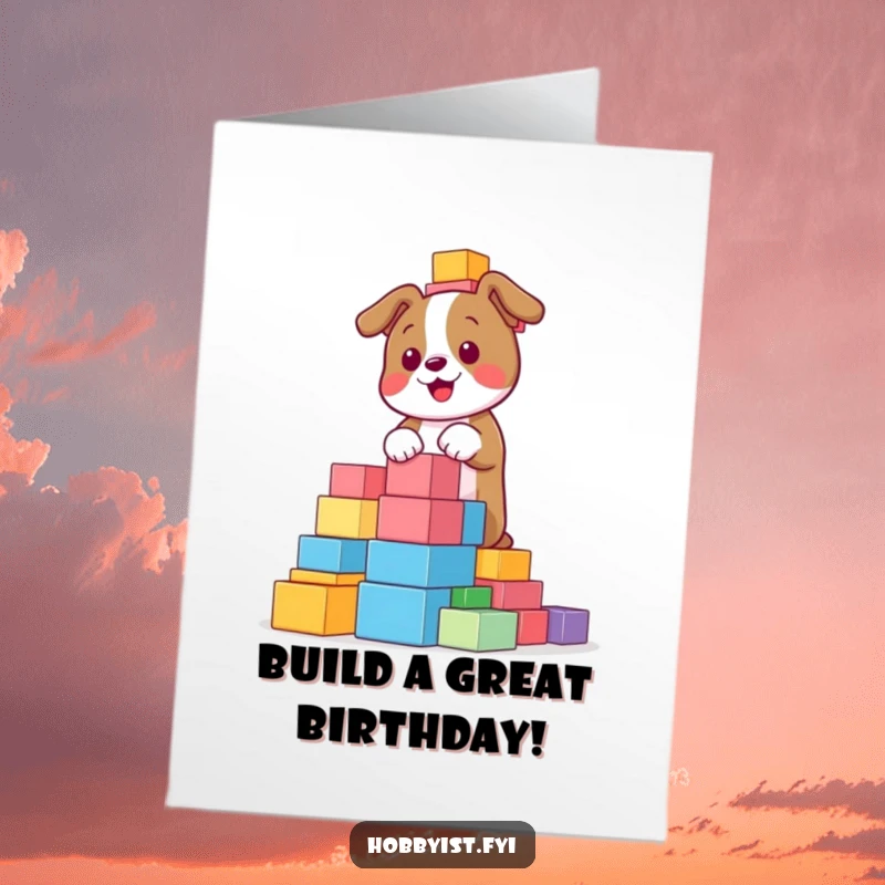 Funny Free Printable Birthday Card: A happy, playful dog stacks colorful blocks high, creating a wobbly tower with pure joy.