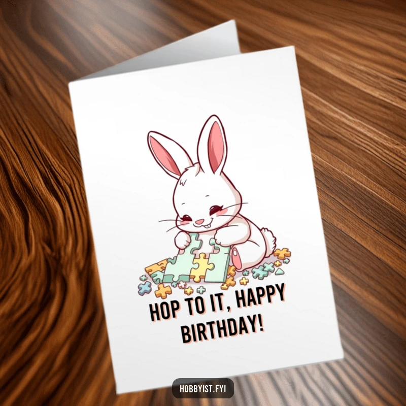 Funny Free Printable Birthday Card: A delighted rabbit meticulously assembles a complex puzzle with intense, focused concentration.