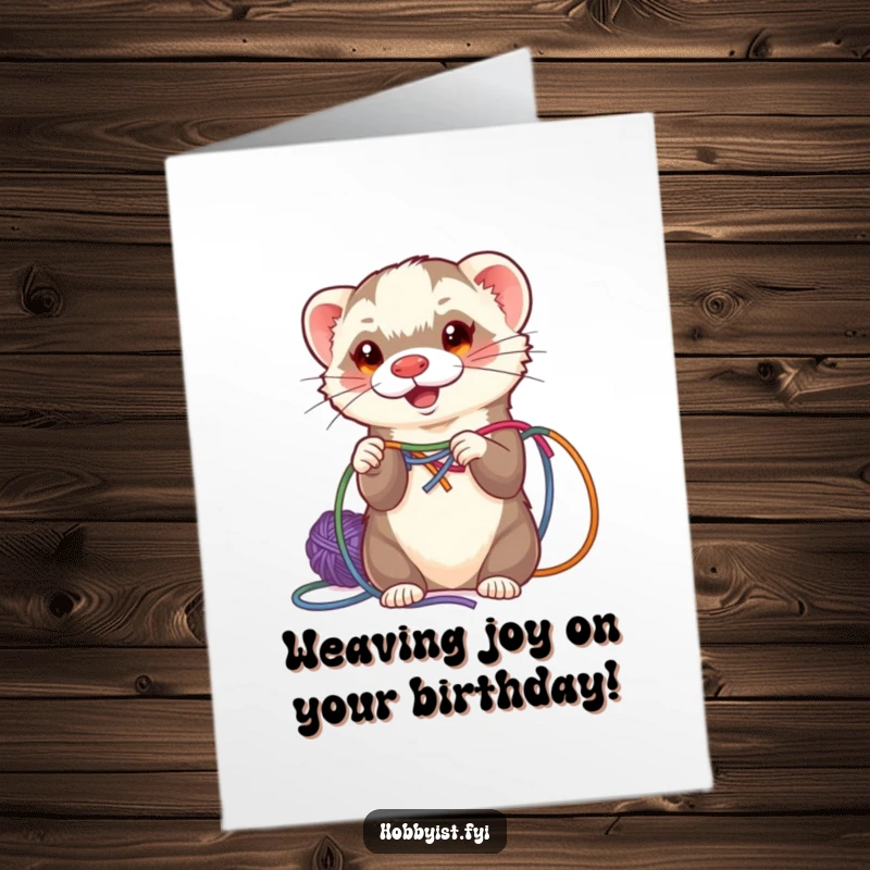 Funny free printable birthday card featuring an energetic ferret busily weaving colorful yarn with its nimble paws.