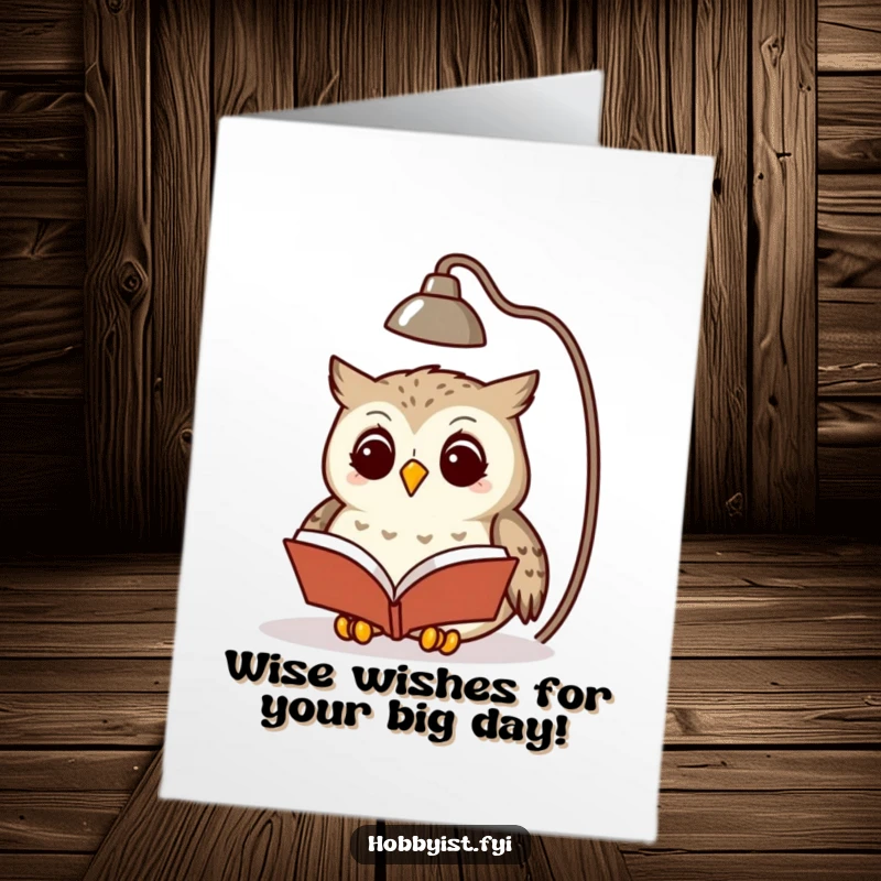 Funny free printable birthday card featuring a wise owl engrossed in a tiny book under a lamp, looking content.