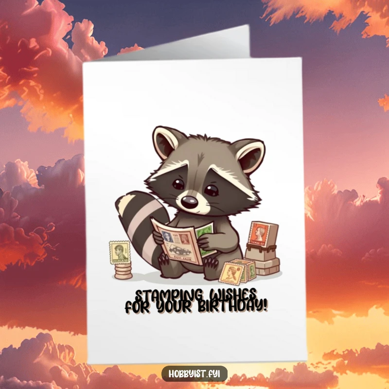 Funny free printable birthday card featuring a curious raccoon meticulously examining a collection of antique stamps with fascination.