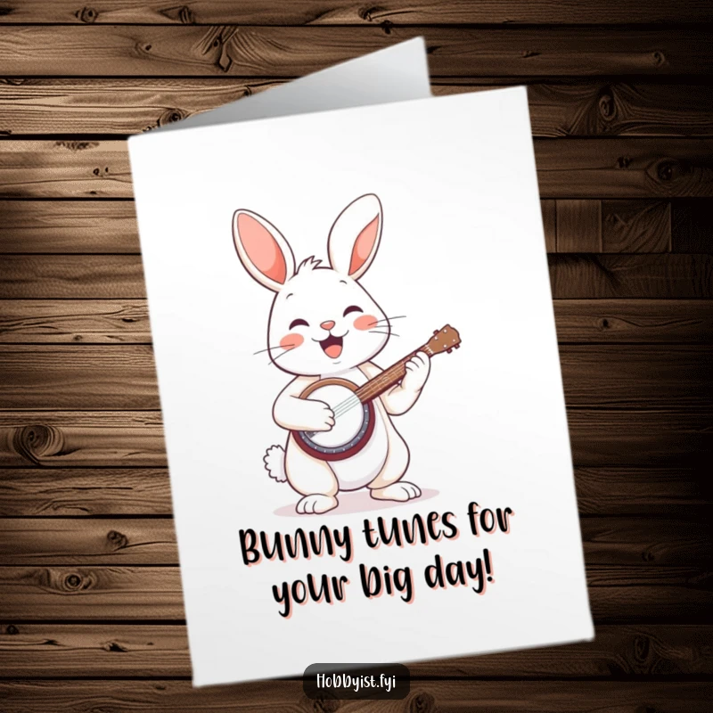Funny Free Printable Birthday Card: Enthusiastic bunny strumming a tiny banjo, spreading musical joy for a special occasion.
