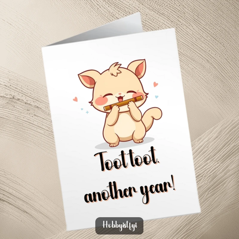 Funny Free Printable Birthday Card: A playful creature with a wagging tail joyfully plays a tiny flute, creating a happy birthday melody.
