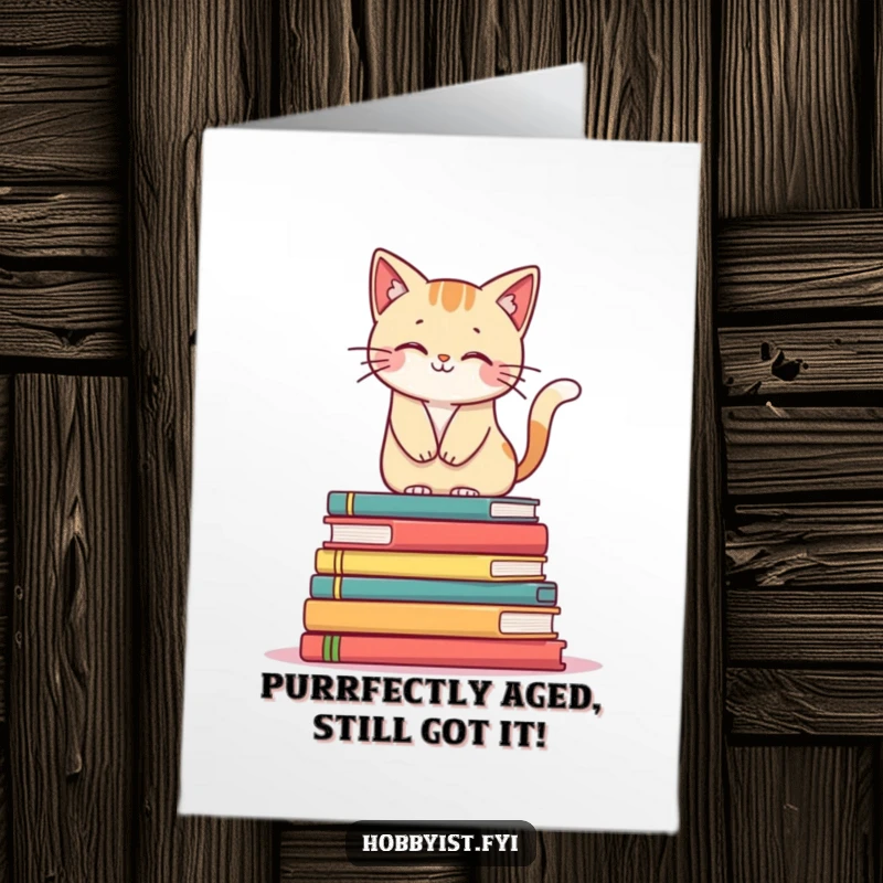 Funny Free Printable Birthday Card: Smiling cat precariously balancing on a tall stack of art books, looking pleased.