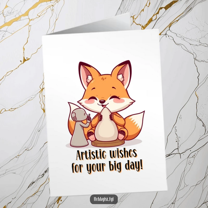 Funny Free Printable Birthday Card: Giddy fox hilariously sculpting a clay figure with skillful, artistic hands, ready for gifting.
