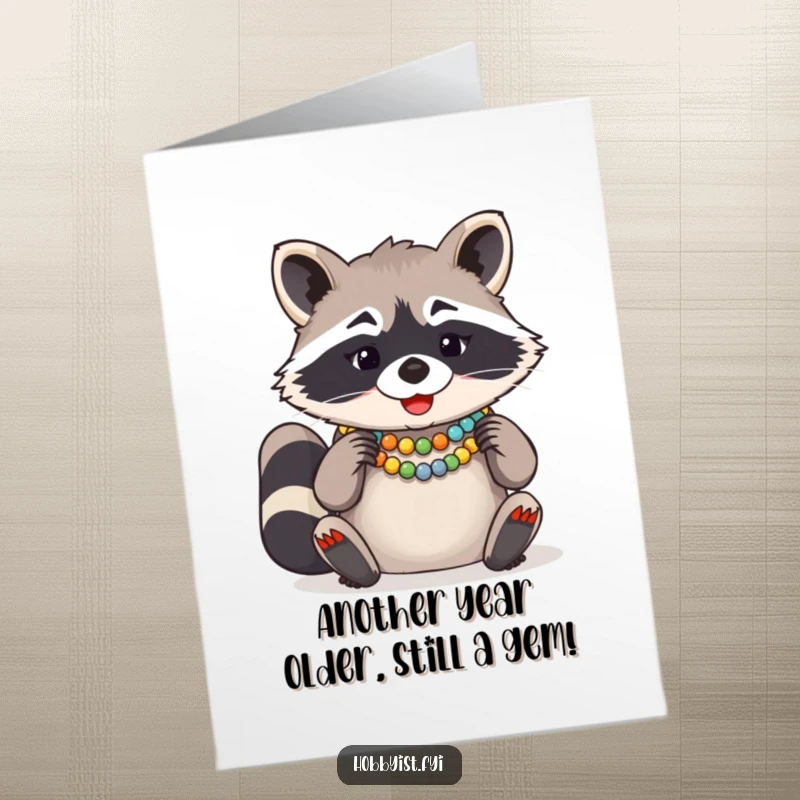 Funny Free Printable Birthday Card: A giggling raccoon meticulously arranges colorful beads for a necklace with intense focus.