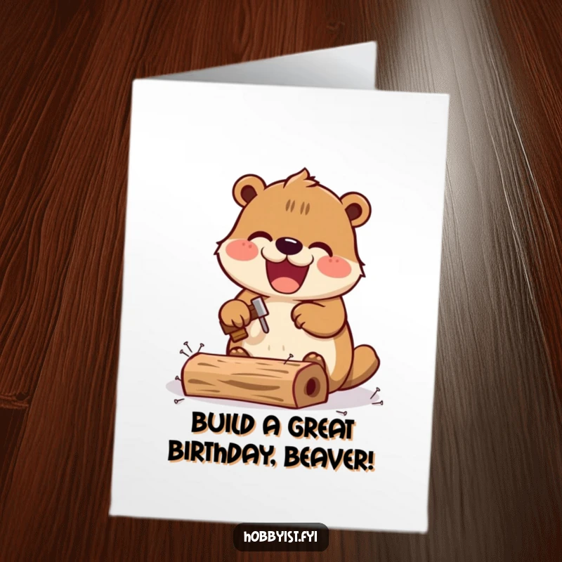Funny Free Printable Kawaii Beaver Birthday Card, a delighted beaver hammering tiny nails into a mini wooden structure, perfect for a DIY gift.