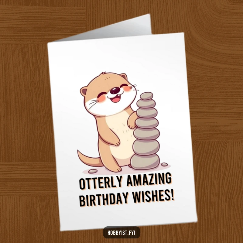 Funny Free Printable Kawaii Otter Birthday Card, a giggling otter gleefully balancing a tall stack of pebbles, perfect for a DIY gift.