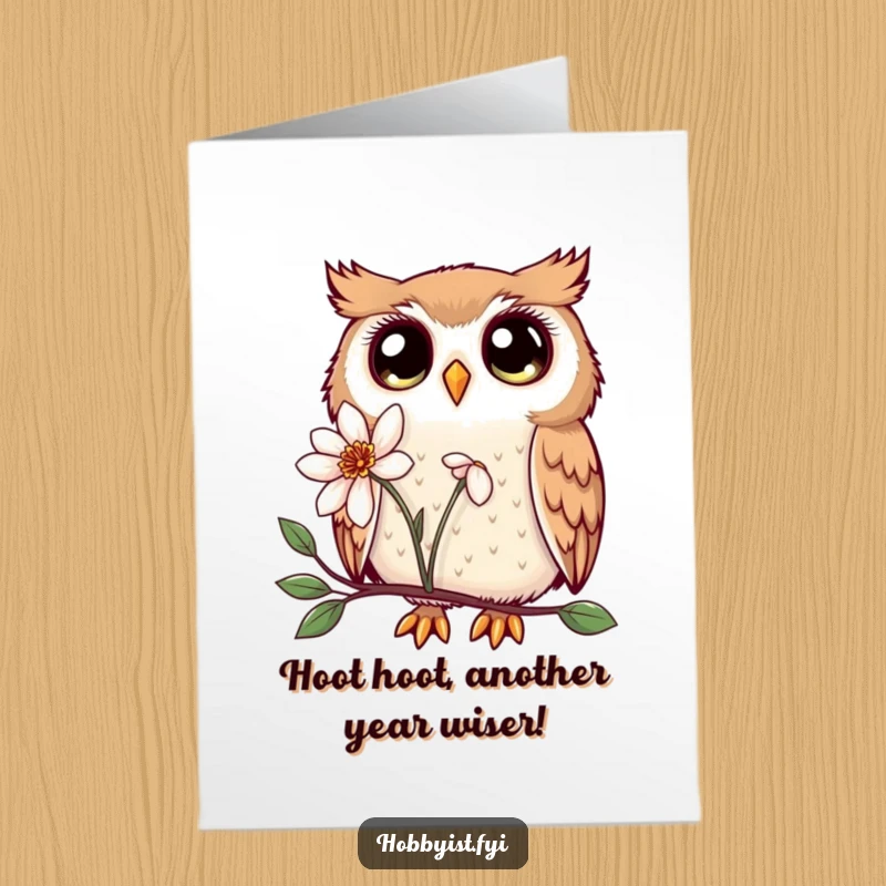 Funny Free Printable Kawaii Owl Birthday Card, a curious owl with big eyes gently examining a tiny flower, perfect for a DIY gift.