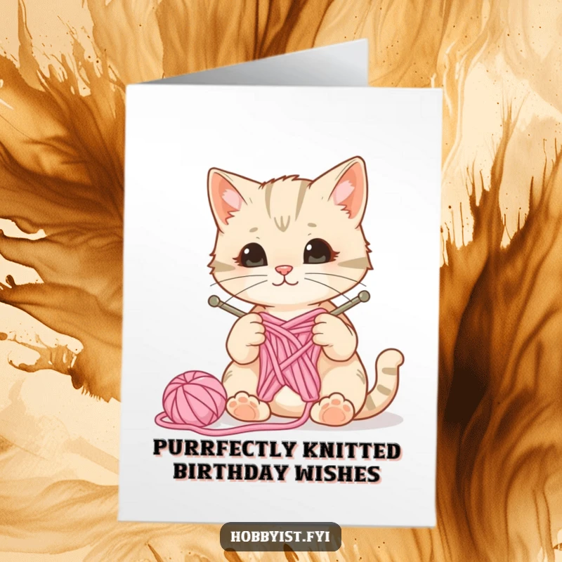 Funny Free Printable Birthday Card: Curious cat tangled in yarn with knitting needles, a bouncy ball of wool, celebrating with mischief.