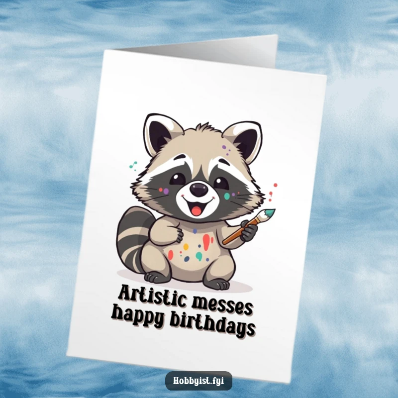 Funny Free Printable Birthday Card: Delighted Raccoon artist with paint splatters and brush, ready to create a masterpiece of fun.