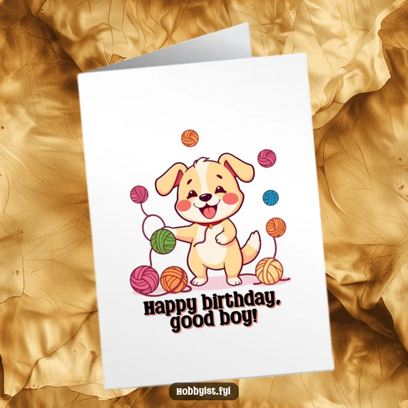 Funny Free Printable Birthday Card: A cheerful dog with a wagging tail happily juggles multiple colorful balls of yarn.