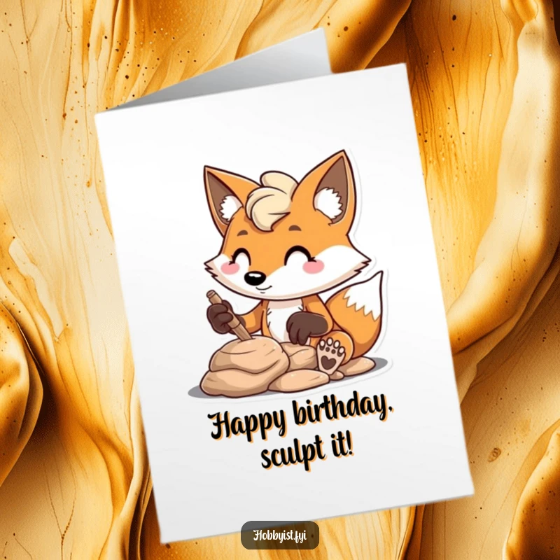 Funny free printable birthday card showing a mischievous fox character intensely focused on enthusiastically sculpting a piece of clay.