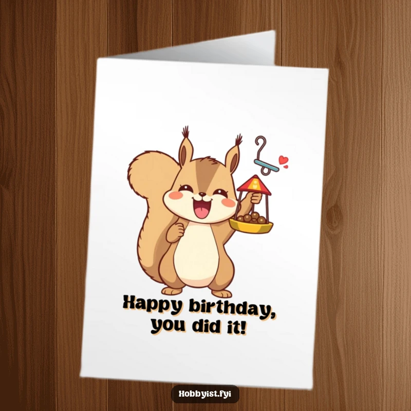 Funny free printable birthday card showing a joyful squirrel character proudly holding up a beautifully finished, intricate bird feeder.