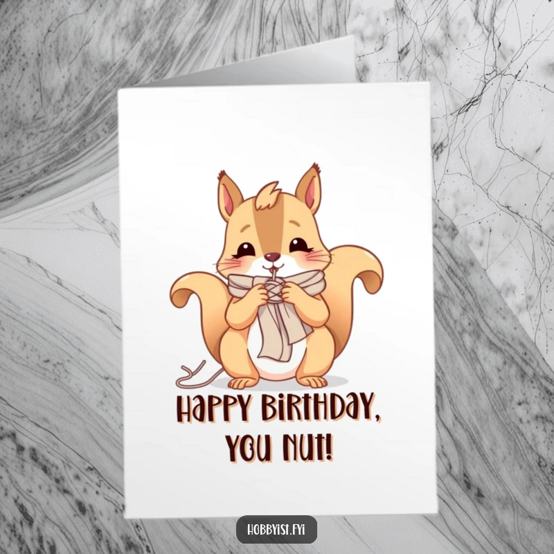 Funny Free Printable Birthday Card: A cheerful squirrel diligently knitting a tiny scarf with colorful yarn, ready for winter.