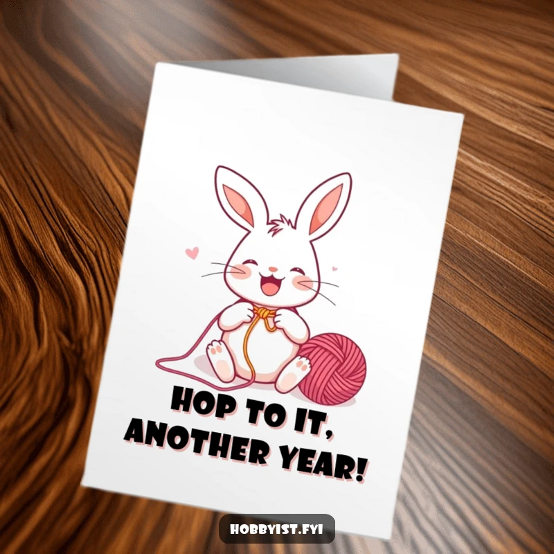 Funny Free Printable Birthday Card: A joyful rabbit enthusiastically knitting a colorful yarn ball, wearing a tiny apron.
