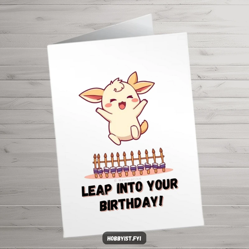 Funny Free Printable Birthday Card: An energetic creature with flapping ears leaping over small knitting needles.
