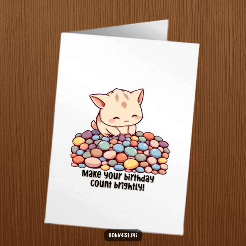 Funny Free Printable Birthday Card of a curious creature arranging pebbles into a pattern, celebrating birthday with meticulous joy.