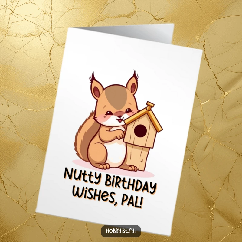 Funny Free Printable Birthday Card: Squirrel meticulously whittling a tiny birdhouse, detailed craft, birthday surprise.