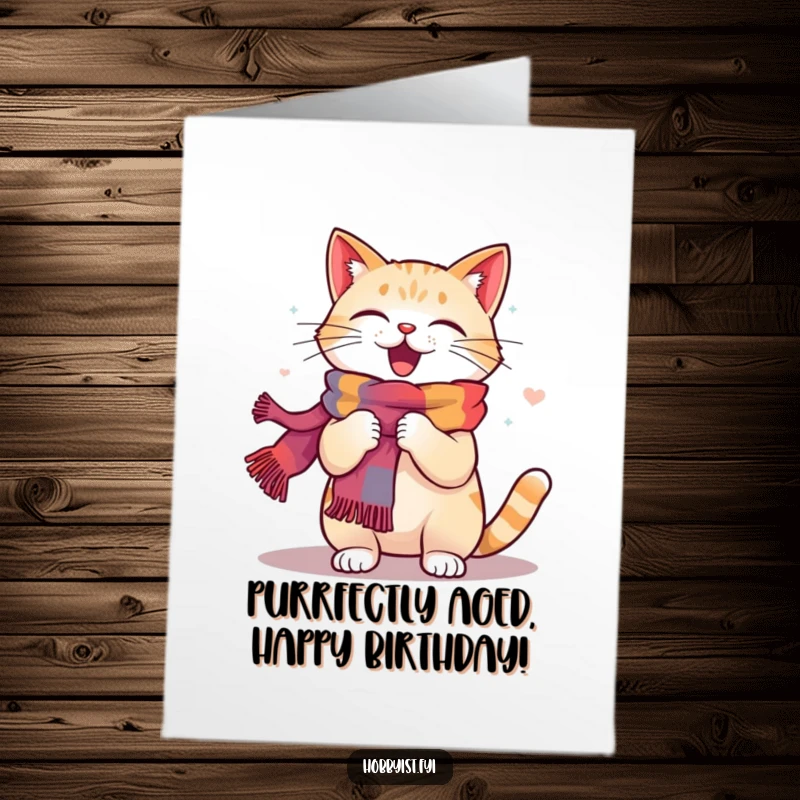 Funny Free Printable Birthday Card: A happy cat energetically knits a vibrant, colorful scarf with joyful focus.