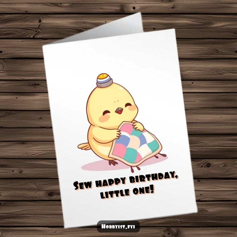 Funny Free Printable Birthday Card: A small bird with a thimble on its head sewing a tiny quilt
