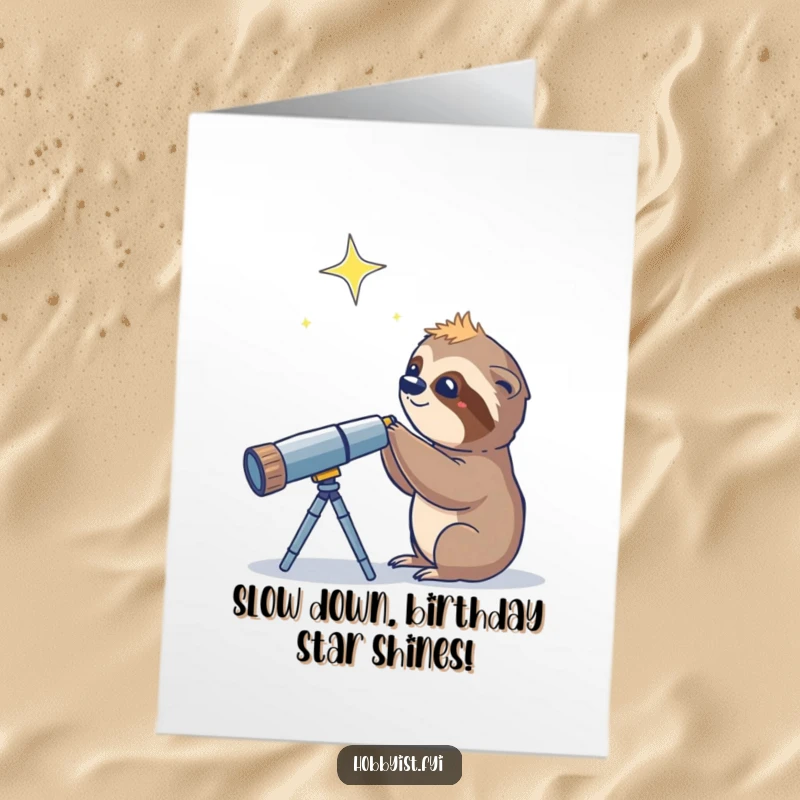 Funny Free Printable Birthday Card: A curious sloth peeks through a telescope at a distant, twinkling star, birthday wishes.