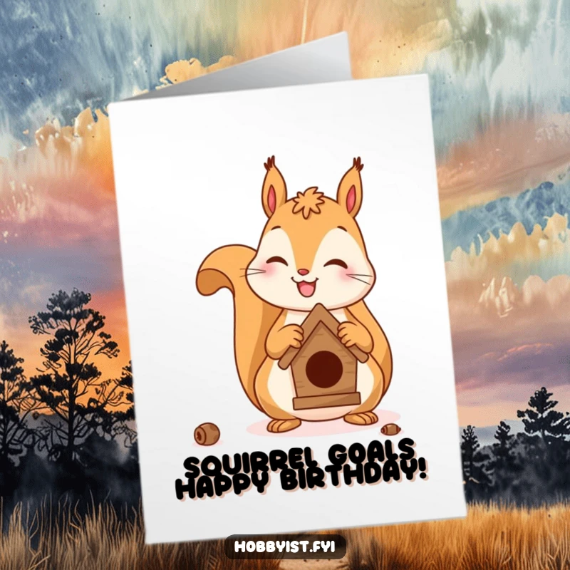 Funny Free Printable Birthday Card: Cheerful squirrel crafting a birdhouse, perfect DIY gift for DIY enthusiasts.