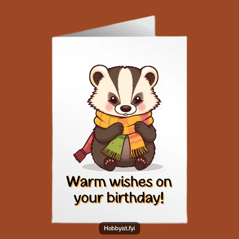 Free Printable Birthday Card: Kawaii Badger Knits Warm Wishes, Funny Downloadable Gift
