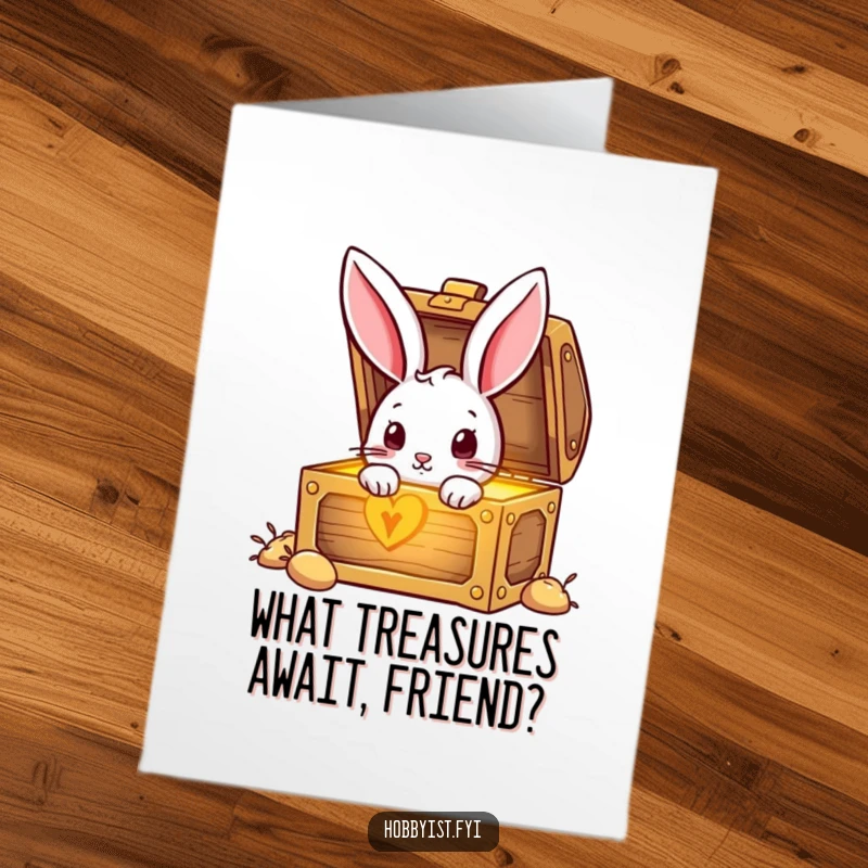 Funny Free Printable Birthday Card: Curious rabbit with wide eyes peeking into a glowing treasure chest, symbolizing a surprise.