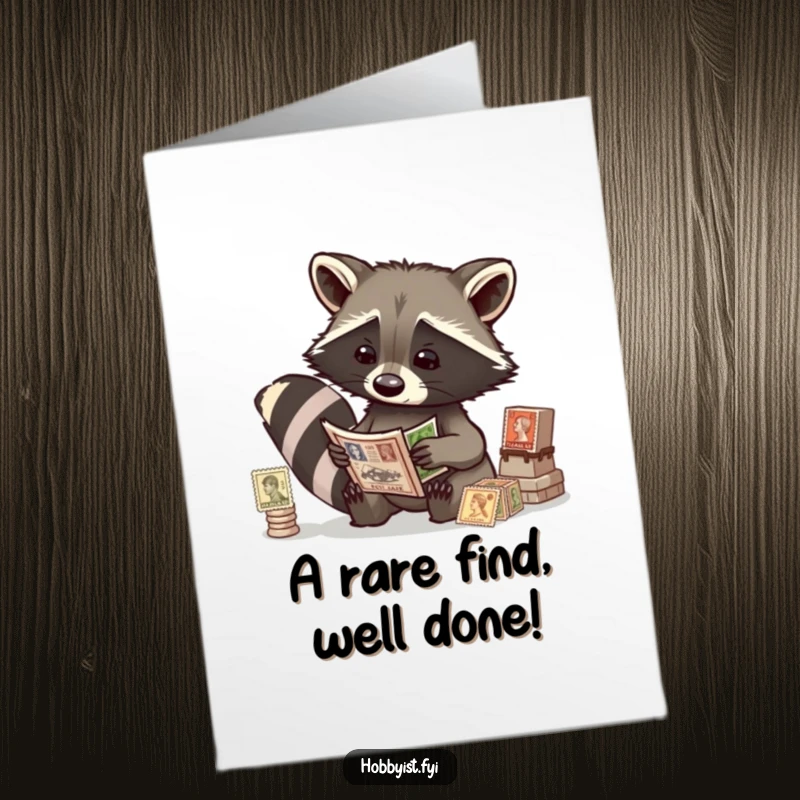 Funny free printable congratulations card depicting a curious raccoon fascinated by a collection of antique stamps, celebrating a special find.
