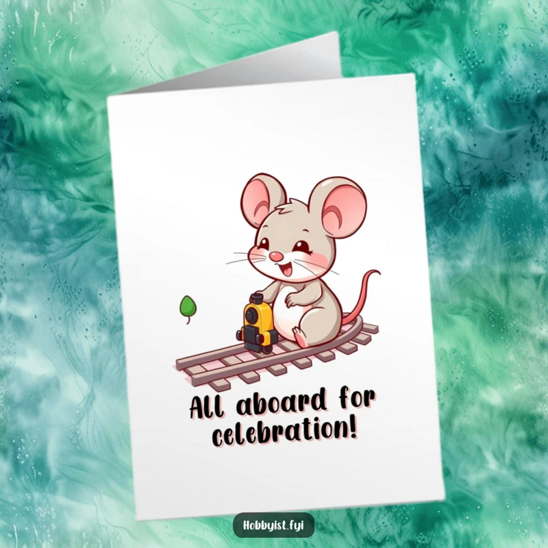 Funny Free Printable Congratulations Card: Energetic mouse conducting a miniature train, celebrating a successful journey with a big smile.