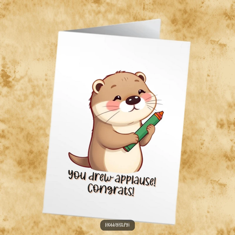 Funny Free Printable Congratulations Card: An otter holding a big crayon, sketching a silly portrait of someone.