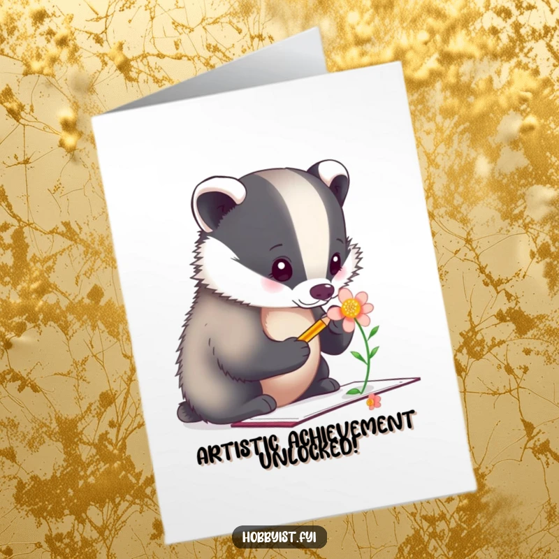 Funny Free Printable Congratulations Card: A determined badger artist perfectly capturing a flower's beauty on paper.