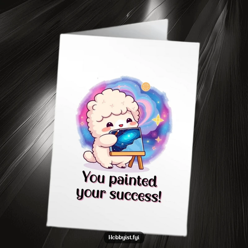 Funny Free Printable Congratulations Card featuring a fluffy creature painting a swirling galaxy, celebrating achievement with artistic flair.