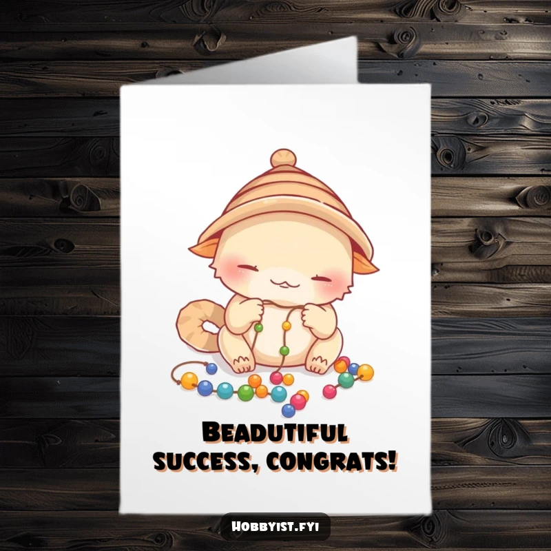 Funny Free Printable Congratulations Card: A creature wearing a hat meticulously strings colorful beads onto a thread.