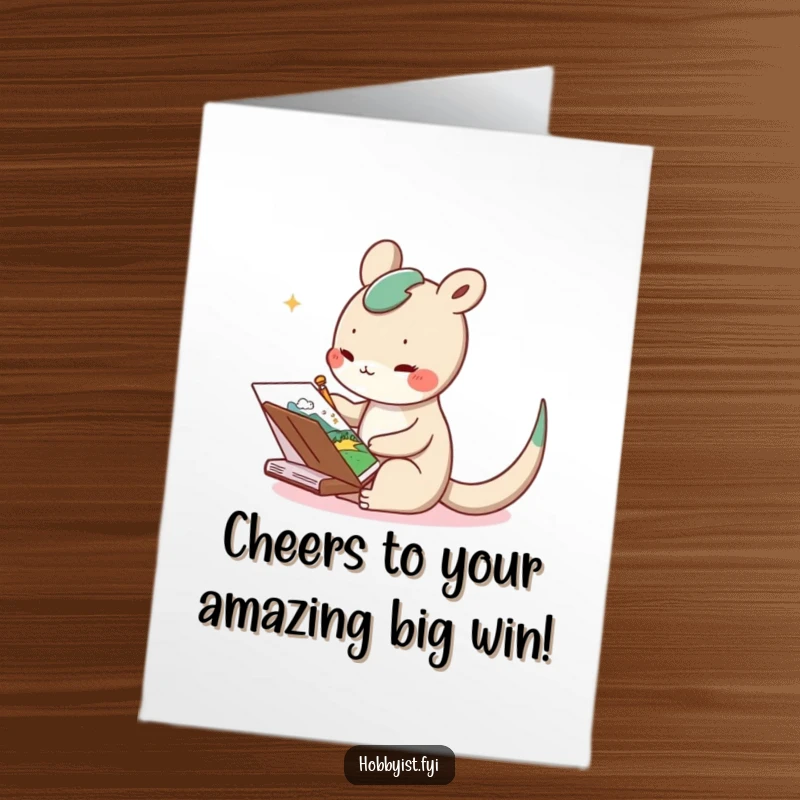 Funny Free Printable Congratulations Card showing a delighted long-tailed creature sketching a whimsical landscape, perfect for celebrating achievements.
