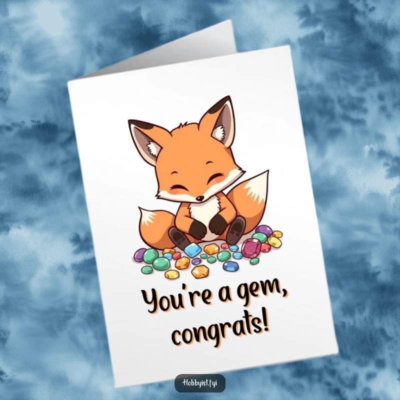 Funny Free Printable Congrats Card: A diligent fox meticulously arranges polished gemstones, signifying a brilliant success. Downloadable art.