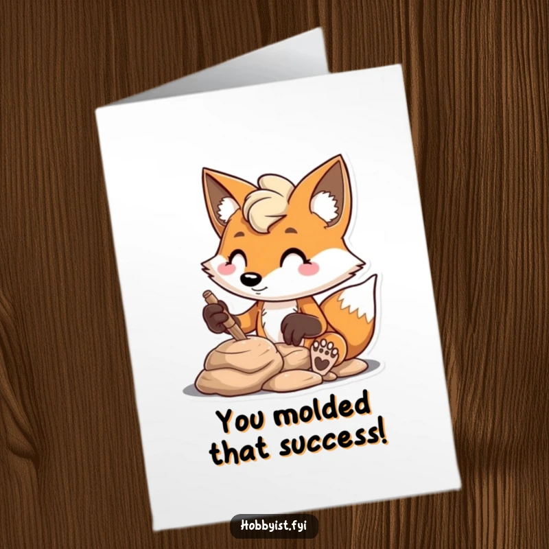 Funny free printable congratulations card of a mischievous fox character with a focused expression, passionately sculpting clay with enthusiasm.
