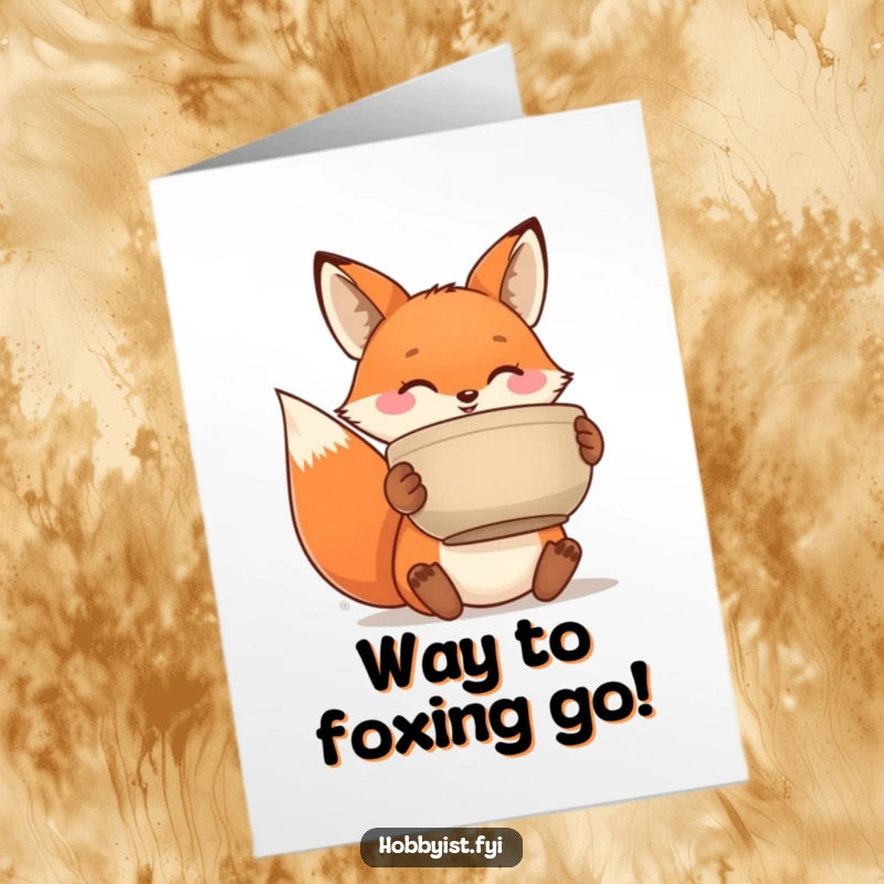 Funny Free Printable Congratulations Card: Happy fox proudly displaying a unique ceramic pot, celebrating creativity, artistic flair.