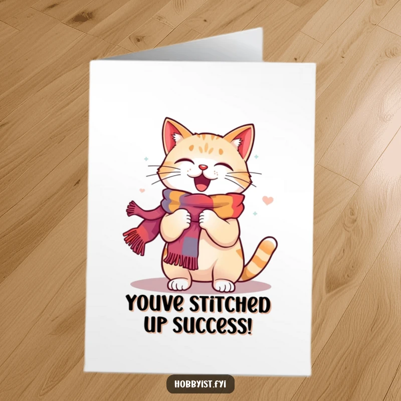 Funny Free Printable Congrats Card: A happy cat is energetically knitting a long, colorful scarf to celebrate achievements.