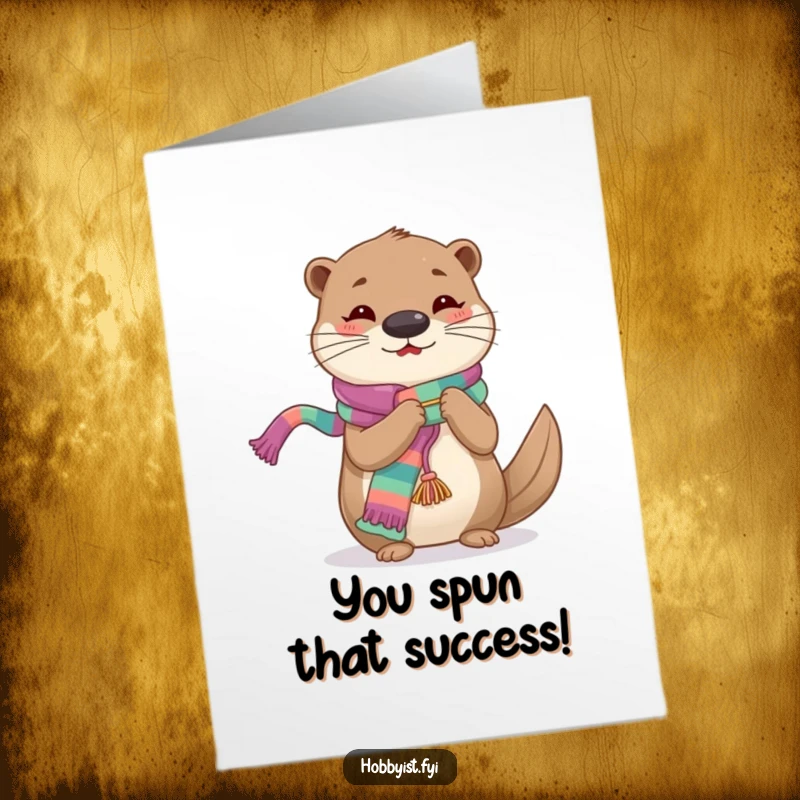 Funny Free Printable Congratulations Card: A cheerful otter focuses intently on knitting a long, colorful scarf.